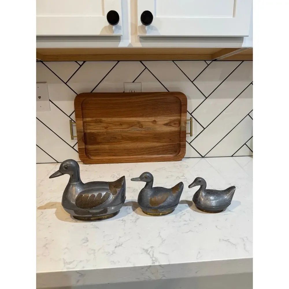 vintage pewter brass duck trinket boxes made in Hong Kong cabin rustic MCM